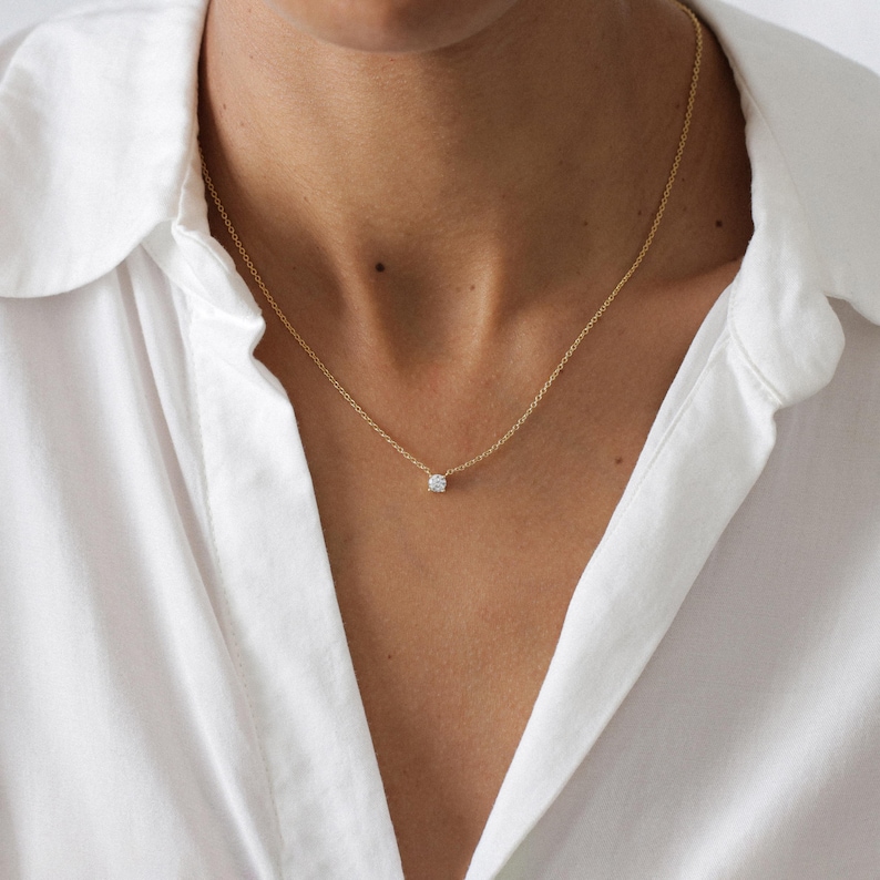 Diamond cz necklace, dainty necklace, simple necklace, gold necklace, birthstone jewel, sterling silver, women necklace, single stone image 1