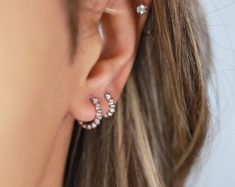 Silver hoop earrings, small hoops, huggie earrings, minimalist earrings, beaded hoops, sterling silver, womens earrings, silver jewelry