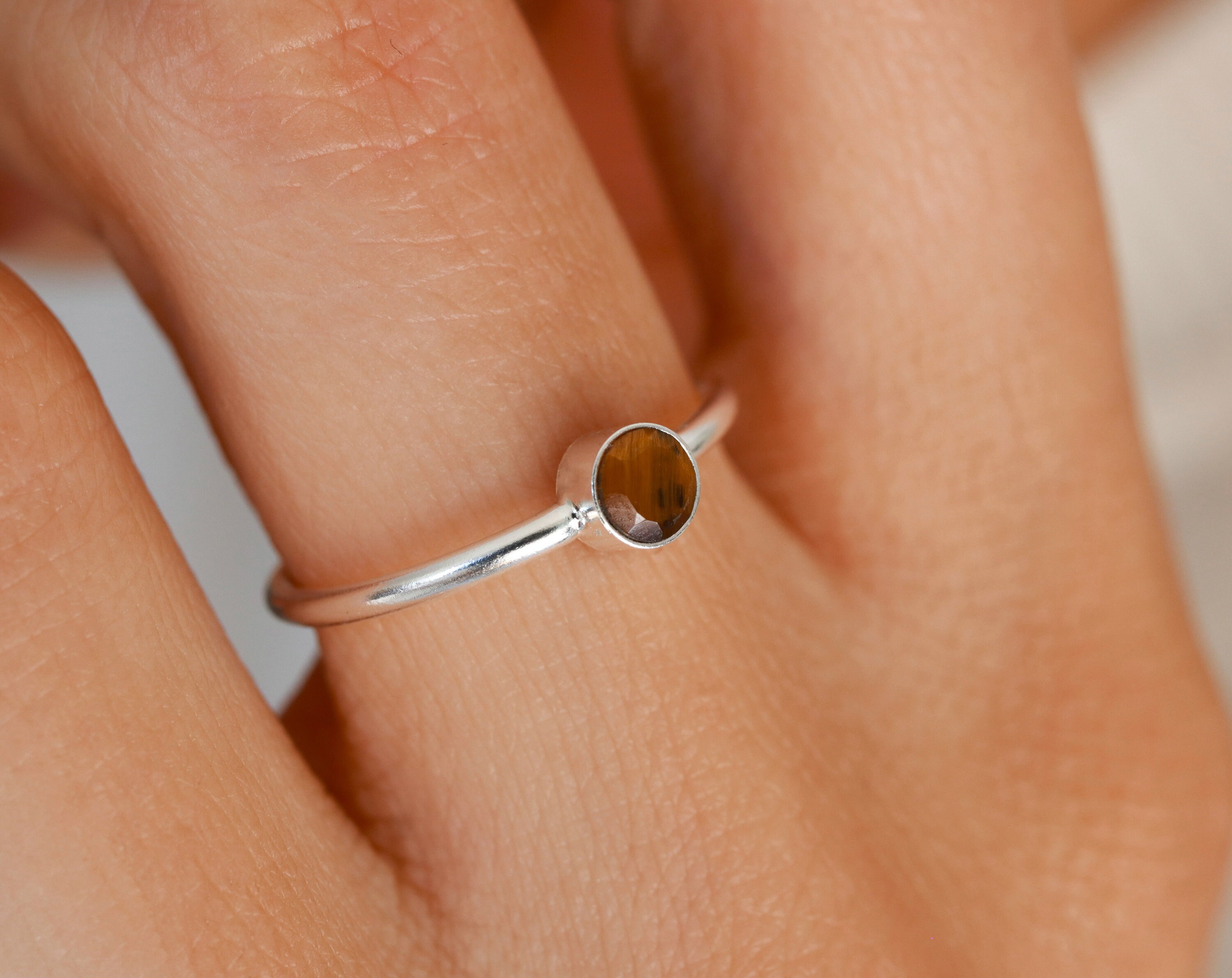 Bague En Argent 925 Massif Avec Pierre Oeil De Tigre - Taille 60 - Occasion Très Bon État