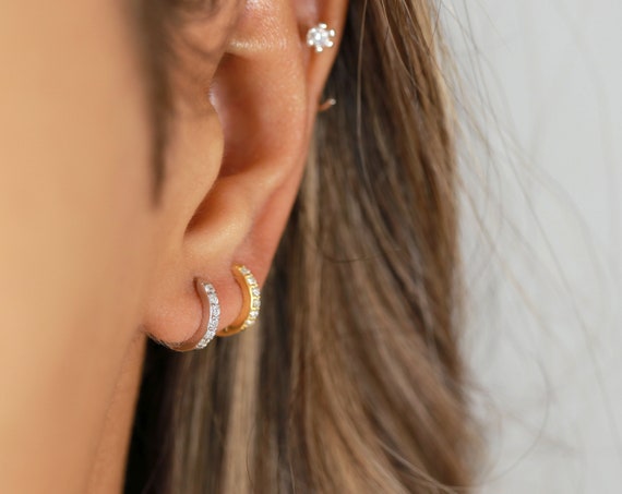 Hoop Earrings Mens Womens with Baguette Cubic Zirconia Huggy Huggie Rhodium on Sterling Silver Hoop Earrings Mens Womens with Baguette Cubic Zirconia Huggy Huggie Rhodium on Sterling Silver