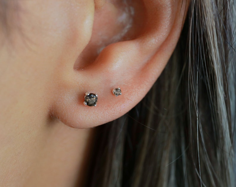 Natural quartz earrings, smoky quartz jewelry, sterling silver, tiny earrings, 2-3mm earrings, minimalist jewelry, simple earring, boho stud image 1