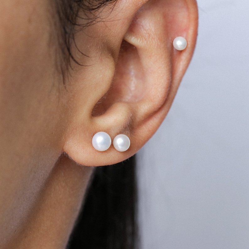 Pearl stud earrings 14k gold, genuine pearl earrings, wedding earrings, cultured pearl studs, gold filled earrings, minimalist earrings image 4