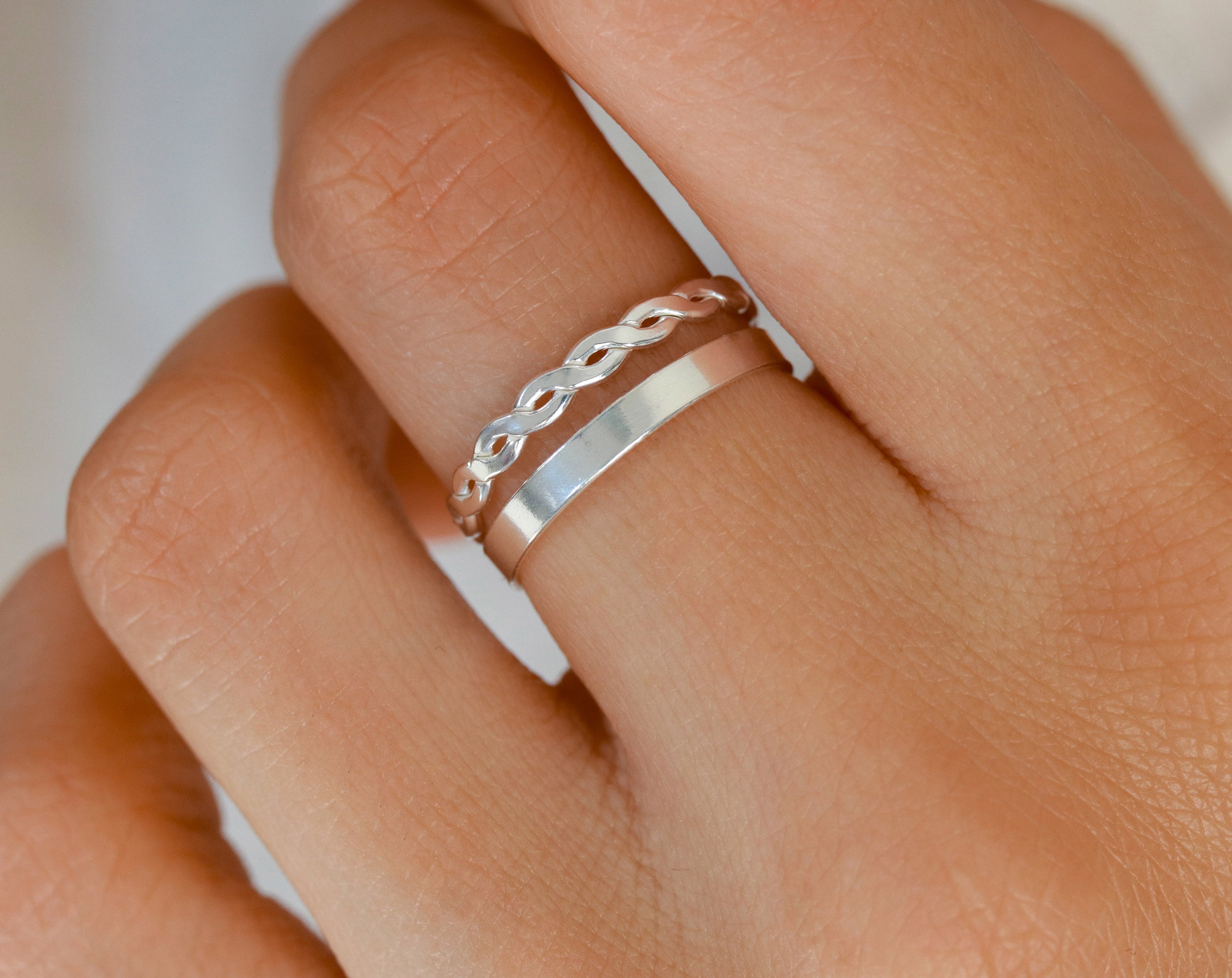 Anel de prata, conjunto de anéis, joias de prata, anel feminino, prata maciça, anel trançado, pulseira de prata de joias femininas, presente para ela, joias de ouro