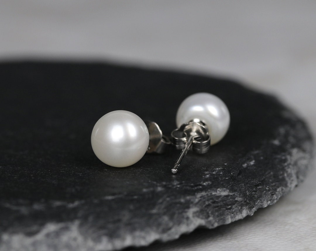 Freshwater Pearl Stud Earrings, Sterling Silver, Minimalist Earrings ...