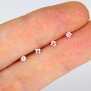 Orecchini da 2 mm, orecchini rosa, borchie in argento massiccio, piccole borchie, piccoli orecchini, borchie di cristallo, orecchini boho