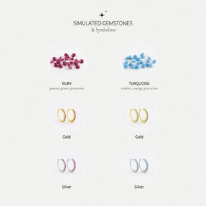 May include: Simulated gemstone earrings in gold and silver settings. The earrings feature ruby and turquoise stones. The text "SIMULATED GEMSTONES & Symbolism" is at the top of the image. The text "RUBY" is below a cluster of ruby stones. The text "passion, power, protection" is below the word "RUBY". The text "TURQUOISE" is below a cluster of turquoise stones. The text "wisdom, courage, protection" is below the word "TURQUOISE". The text "Gold" is below the gold earrings. The text "Silver" is below the silver earrings.