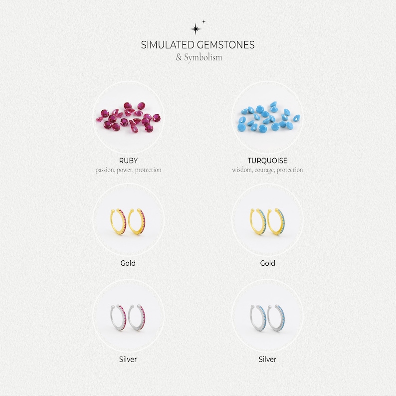 May include: Simulated gemstone earrings in gold and silver settings. The earrings feature ruby and turquoise stones. The text "SIMULATED GEMSTONES & Symbolism" is at the top of the image. The text "RUBY" is below a cluster of ruby stones. The text "passion, power, protection" is below the word "RUBY". The text "TURQUOISE" is below a cluster of turquoise stones. The text "wisdom, courage, protection" is below the word "TURQUOISE". The text "Gold" is below the gold earrings. The text "Silver" is below the silver earrings.