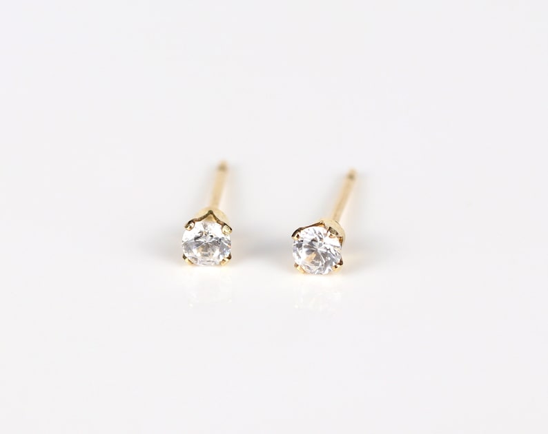 Gold studs, small earrings, 3mm studs, simple earrings, cubic zirconia studs, gold filled studs, dainty earrings, everyday earrings 画像 3