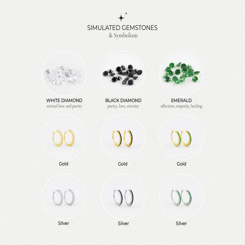 May include: A comparison chart of simulated gemstones and their symbolism. The chart shows white diamonds, black diamonds, and emeralds, each with a description of their meaning. The chart also shows gold and silver hoop earrings with each gemstone.