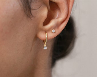 May include: A pair of gold earrings with small clear stones. One earring is a hoop with a dangling stone, the other is a stud.