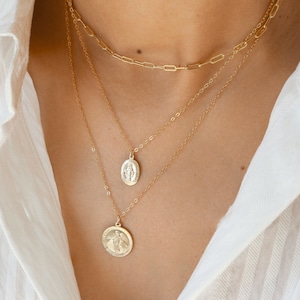 Virgin mary necklace, gold necklace, religious jewelry, dainty necklace, women necklace, saint mary, gold filled, medallion necklace,