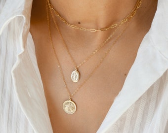 Virgin mary necklace, gold necklace, religious jewelry, dainty necklace, women necklace, saint mary, gold filled, medallion necklace,