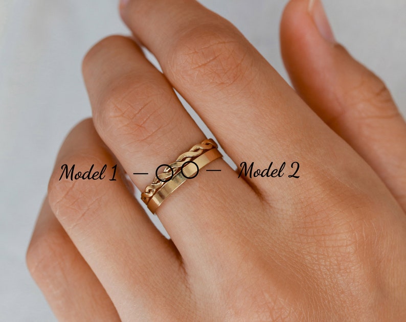 Gouden ring, ringset, vrouwenring, 14k gevuld goud, gevlochten ring, gouden band, vrouwengeschenk, massief zilver, cadeau voor haar, zilveren juweel afbeelding 3