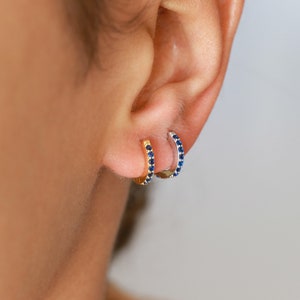 Sapphire hoop earrings, simple earrings, sterling silver, delicate hoops, gold huggies, birthstone earring, bohemian jewelry, dainty earring