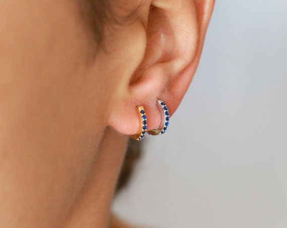 Sapphire Hoop Earrings, Simple Earrings, Sterling Silver, Delicate