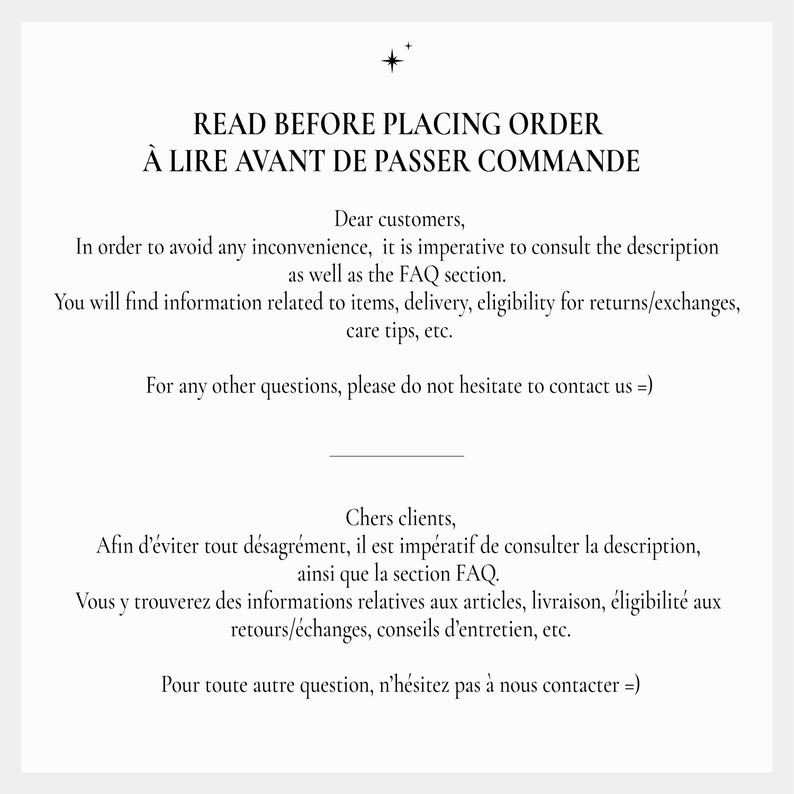 Puede incluir: Texto en ingl&eacute;s y franc&eacute;s que instruye a los clientes a leer antes de realizar un pedido. El texto explica que la descripci&oacute;n y la secci&oacute;n de preguntas frecuentes contienen informaci&oacute;n sobre los art&iacute;culos, la entrega, las devoluciones, los cambios, los consejos de cuidado y m&aacute;s. Tambi&eacute;n anima a los clientes a ponerse en contacto con el vendedor si tienen alguna pregunta.
