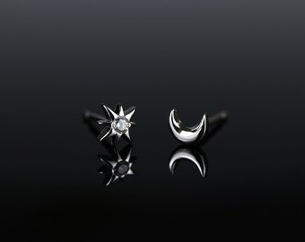 Pendientes de plata celestial, estrella y luna, pendientes boho, plata maciza, pequeñas virutas, joyas boho, pequeños tachuelas, pendientes de estrella