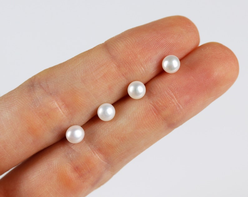 White pearl earrings, 4-5mm pearl studs, sterling silver earrings, small pearl studs, genuine pearl, minimalist studs, everyday earrings image 1