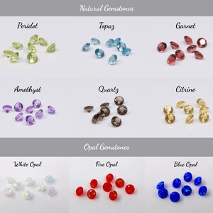 May include: A collection of natural gemstones, including peridot, topaz, garnet, amethyst, quartz, citrine, white opal, fire opal, and blue opal. Each gemstone is displayed in a separate section with its name labeled above.