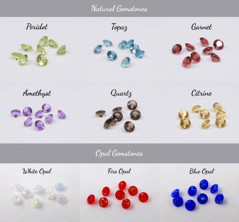 May include: A collection of natural gemstones, including peridot, topaz, garnet, amethyst, quartz, citrine, white opal, fire opal, and blue opal. Each gemstone is displayed in a separate section with its name labeled above.
