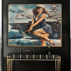 1950&#39;s Pinup Girl Vintage Painting | Pin-up Girl Art Print | Military Pinup Poster Art l PRINTABLE Oil Panting l 5 Sizes Available l 012