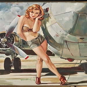 1950&#39;s Pinup Girl Vintage Painting | Pin-up Girl Art Print | Military Pinup Poster Art l PRINTABLE Oil Panting l 5 Sizes Available l 002