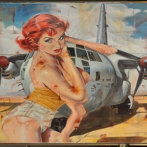 1950&#39;s Pinup Girl Vintage Painting | Pin-up Girl Art Print | Military Pinup Poster Art l PRINTABLE Oil Panting l 5 Sizes Available l 007