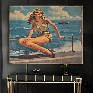 1950&#39;s Pinup Girl Vintage Painting | Pin-up Girl Art Print | Military Pinup Poster Art l PRINTABLE Oil Panting l 5 Sizes Available l 016
