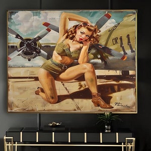 1950&#39;s Pinup Girl Vintage Painting | Pin-up Girl Art Print | Military Pinup Poster Art l PRINTABLE Oil Panting l 5 Sizes Available l 009