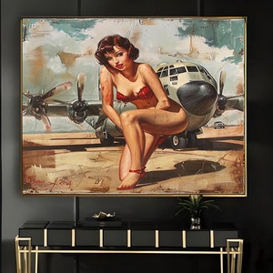 1950&#39;s Pinup Girl Vintage Painting | Pin-up Girl Art Print | Military Pinup Poster Art l PRINTABLE Oil Panting l 5 Sizes Available l 008