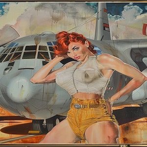 1950&#39;s Pinup Girl Vintage Painting | Pin-up Girl Art Print | Military Pinup Poster Art l PRINTABLE Oil Panting l 5 Sizes Available l 001