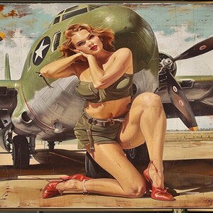 1950&#39;s Pinup Girl Vintage Painting | Pin-up Girl Art Print | Military Pinup Poster Art l PRINTABLE Oil Panting l 5 Sizes Available l 003