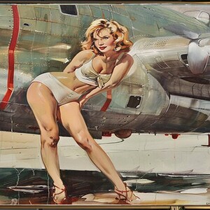 1950&#39;s Pinup Girl Vintage Painting | Pin-up Girl Art Print | Military Pinup Poster Art l PRINTABLE Oil Panting l 5 Sizes Available l 004