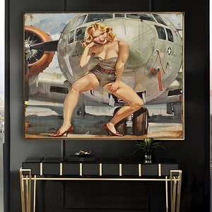 1950&#39;s Pinup Girl Vintage Painting | Pin-up Girl Art Print | Military Pinup Poster Art l PRINTABLE Oil Panting l 5 Sizes Available l 010