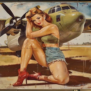 1950&#39;s Pinup Girl Vintage Painting | Pin-up Girl Art Print | Military Pinup Poster Art l PRINTABLE Oil Panting l 5 Sizes Available l 005