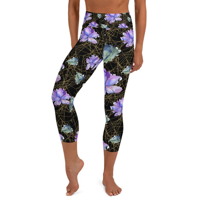 Geometric Flower Crop Exercise Lounge Pants New Age Spiritual Clothing Watercolor Purple Lotus High-Waist Yoga Capri Leggings