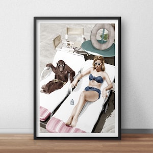 Chimpanzee Sunbathing Poster, Humor Prints, Monkey sunbathing with girl print, Fashion posters, Vintage Retro photography prints