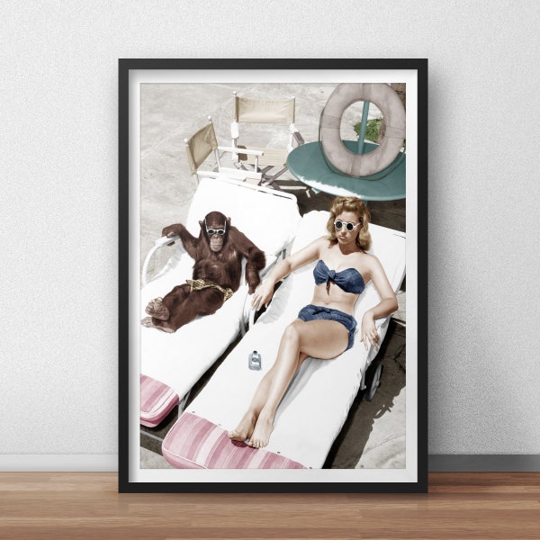 Affiche de bronzage de chimpanzé, impressions d’humour, bain de soleil de singe avec l’impression de fille, affiches de mode, impressions rétro vintage de photographie