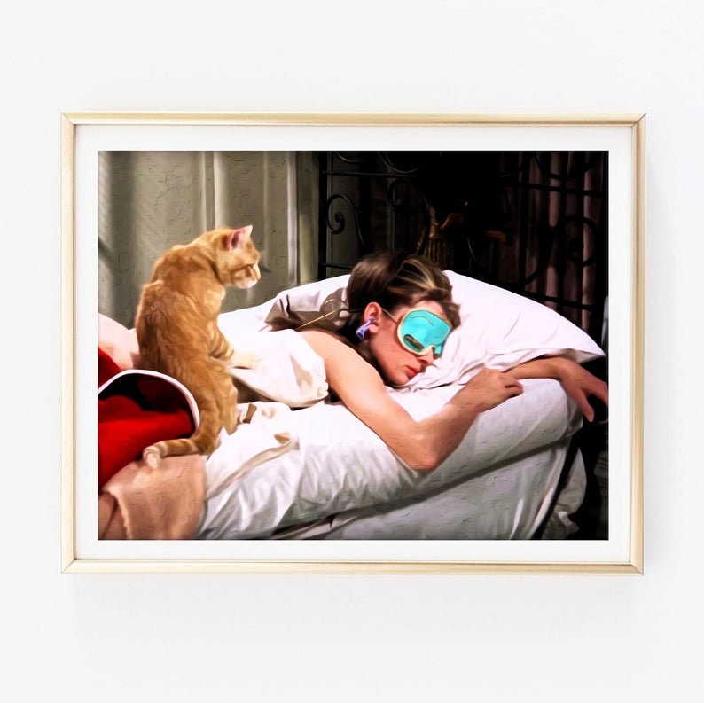May include: A framed print shows a woman wearing a teal sleep mask, lying in bed with white bedding. An orange tabby cat sits on the bed, looking at the woman. The artwork has a vintage, artistic style.