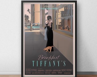 May include: A framed poster for the film "Breakfast at Tiffany's." The image shows Audrey Hepburn in a black dress, gazing into a shop window. A cat is present. The poster includes the film's title and cast details, set in a retro style.