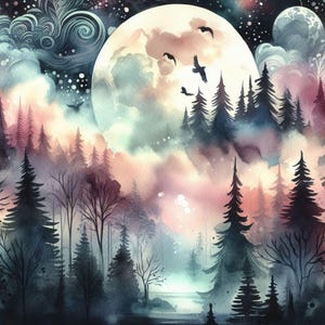 Könnte beinhalten: Ein Aquarellbild eines von Mondlicht beleuchteten Waldes mit einem großen, vollen Mond im Hintergrund. Die Bäume sind vor dem Mond und dem Himmel silhouettiert, und es gibt Wolken in Rosa, Lila und Blau am Himmel. Der Mond ist blassgelb, und die Wolken haben eine weiche, ätherische Farbe.