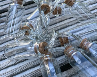 May include: A string of clear glass bottles with cork tops and a clear wire connecting them. The bottles are filled with white lights.