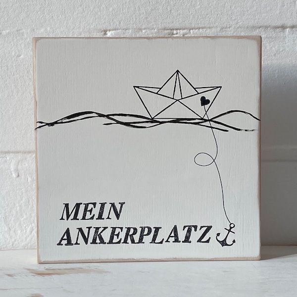 Textplatte „Mein Ankerplatz“ Schild Holzbild Holzschild Holzdekoration Dekoration Hygge Scandy Wandbild Bild Papierboot Türschild Maritim