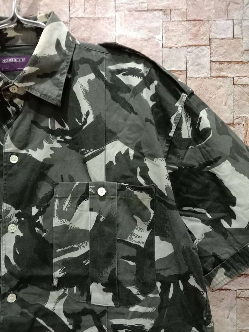 vintage 90s homless camo army military oxford button down shirt streetwear size m