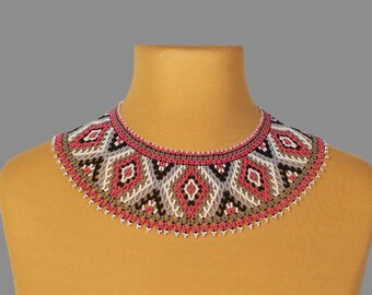 Ukrainian Beaded Bib Necklace, Geometric Czech Seed Bead Collar