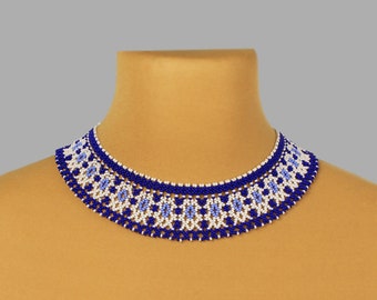 Blue white bridesmaid necklace, Beaded collar necklace for women, Elegant jewelry from Ukraine