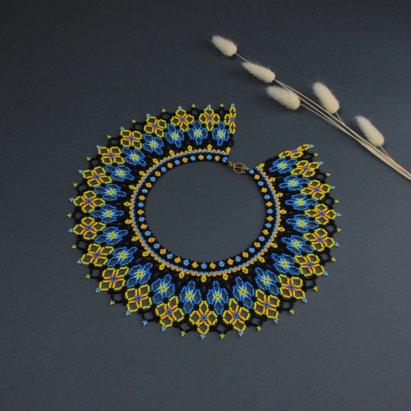 Blaue und gelbe Perlenkette für Frau, Traditionelle ukrainische Samenperlenkette, handgemachte Schmuckgeschenke für sie,