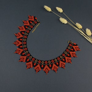 Red & Black Bead Boho Necklace: Elegant Czech Beadwork Statement