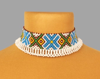 Brede kralen choker, vrouw kralen choker, sierlijke zaad kralen choker, lichtblauwe en witte choker, kralenwerk moederdagcadeau, kralenketting geometrische