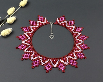 Burgundy & Pink Beaded Collar Necklace, Statement Jewelry for Women